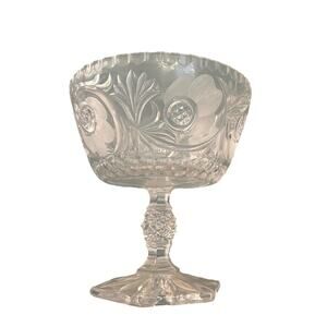 7" American Brilliant Cut Floral Star Crystal Pedestal Footed Bowl Glows Pink!